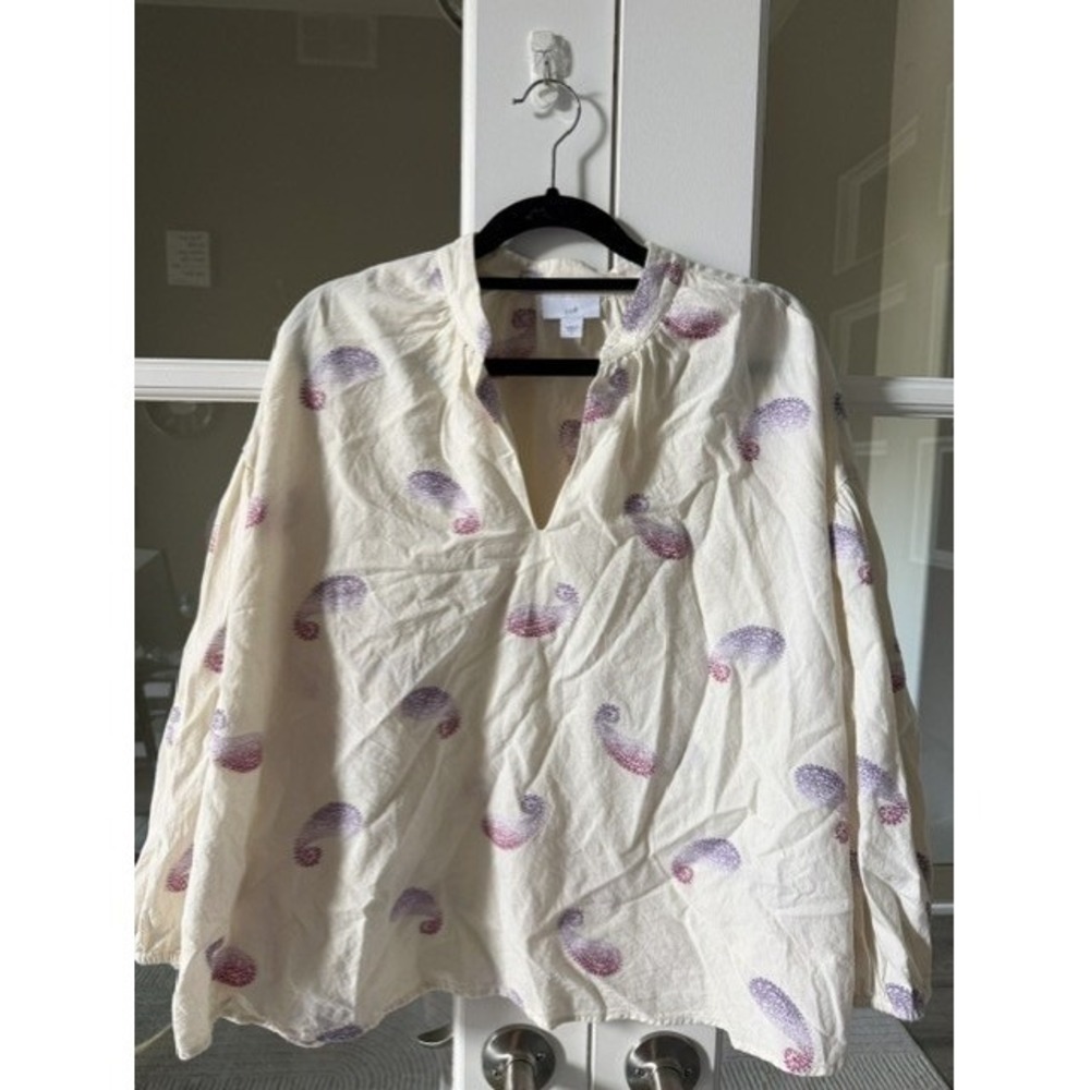 J. Jill Women Small Cream Embroidered Paisley V-Neck Balloon Sleeve Tunic Top - Picture 2 of 8